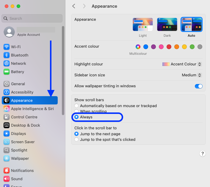 Mac scroll bar setting