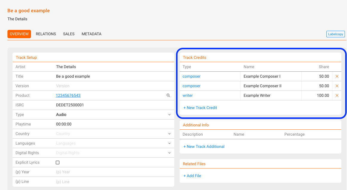 Track creation – inherited credits modal