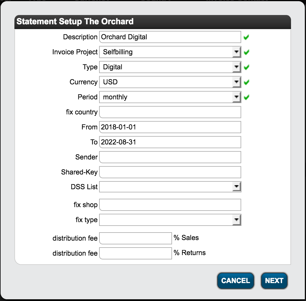 Orchard statement setup screen 1