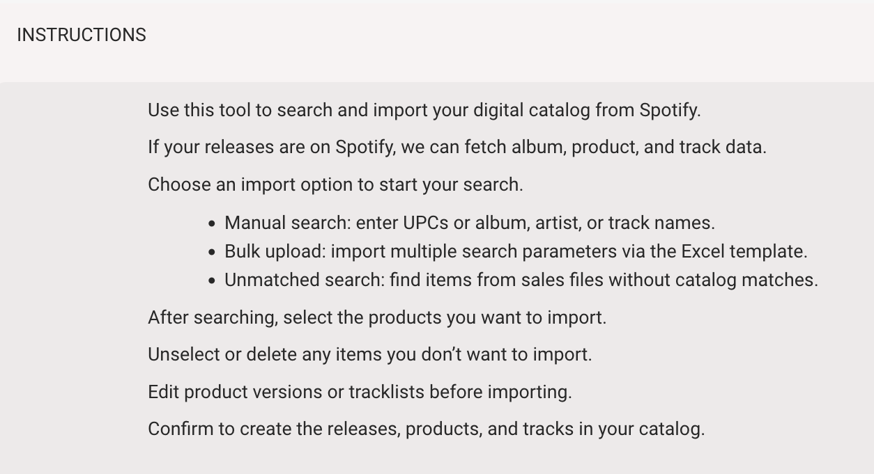 Spotify Import – Instructions tab