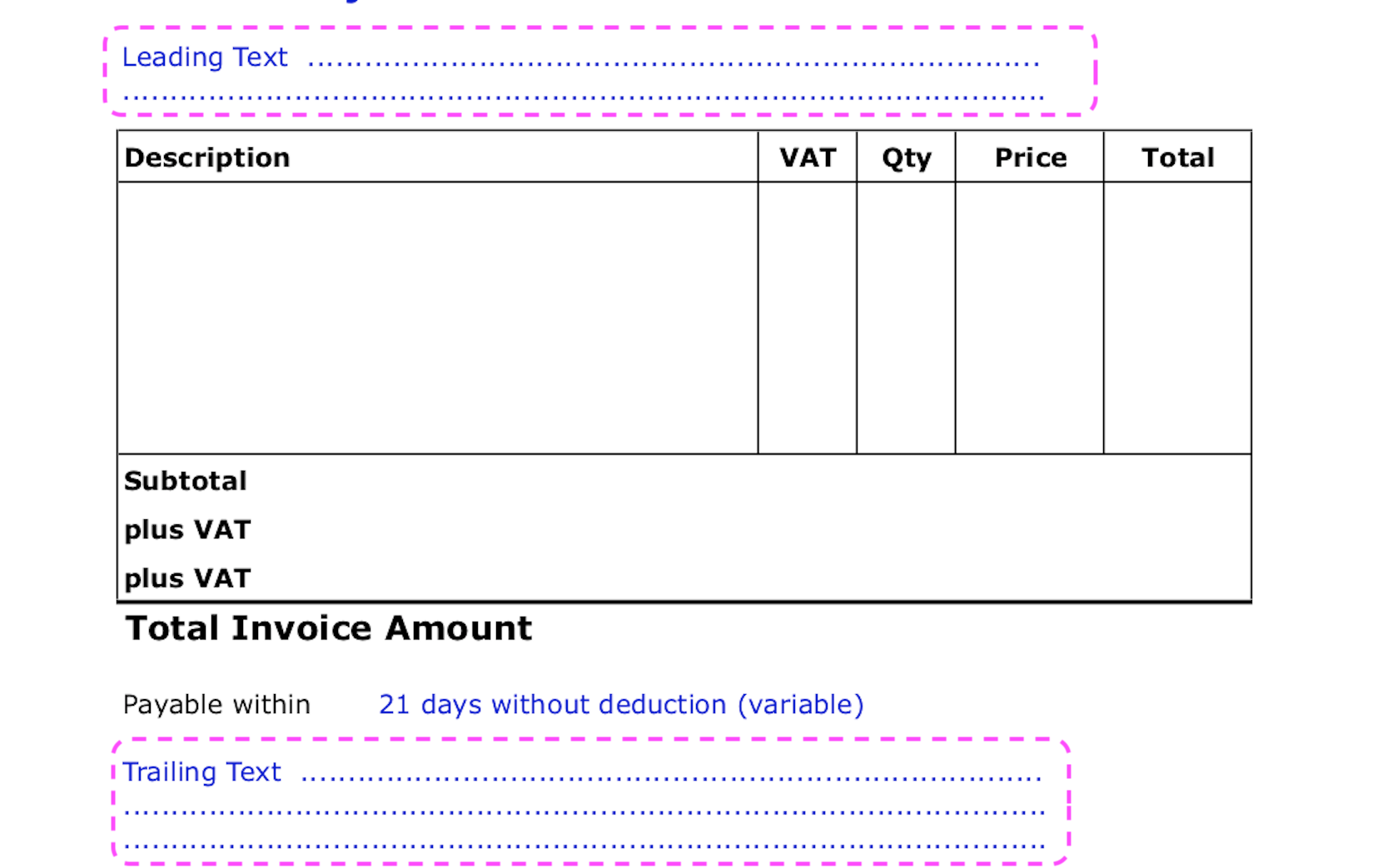 Example showing leading and trailing text placement in an invoice